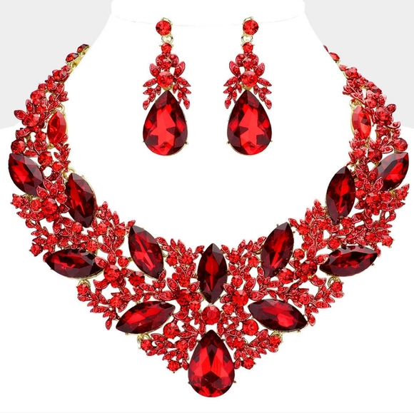 Red Crystal Teardrop Cluster Marquise Stone Evening Statement Necklace Set - Picture 5 of 5